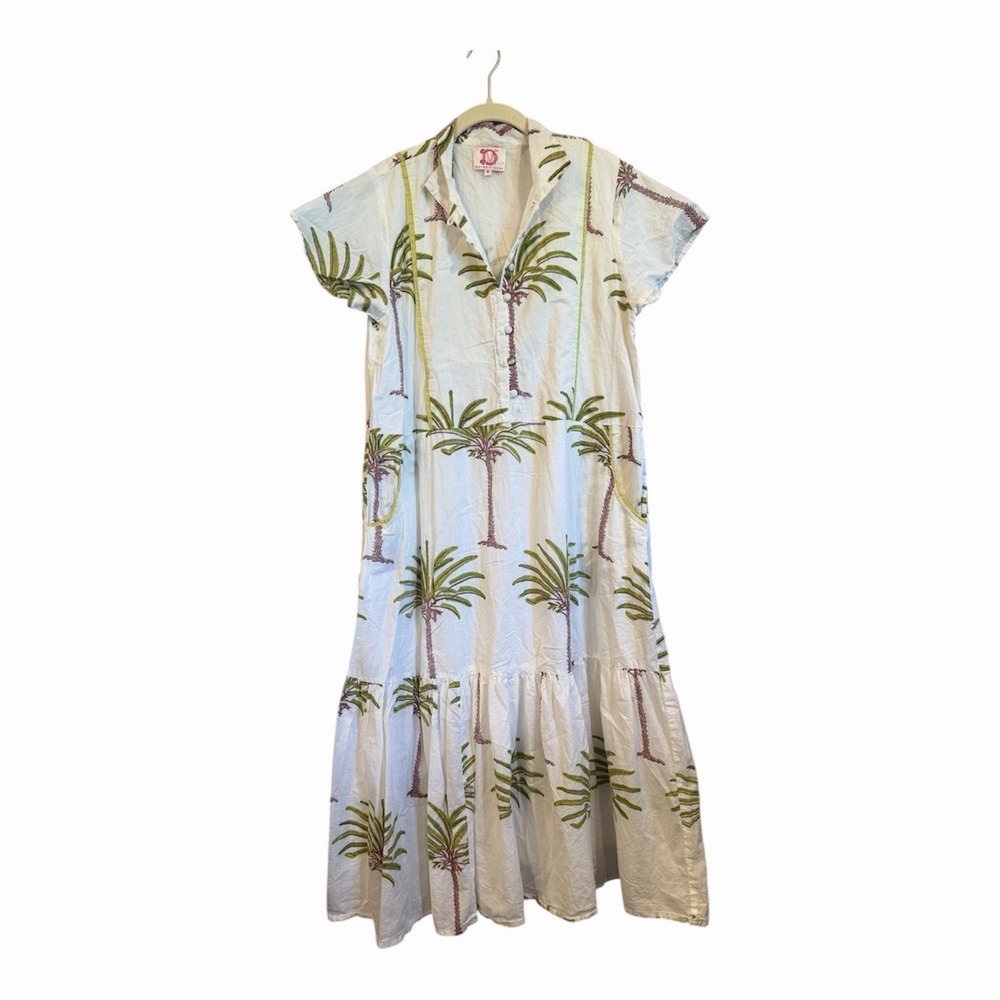 Victoria Dunn Palm Tree Maxi Dress Medium Buttons Pockets Beach Baca